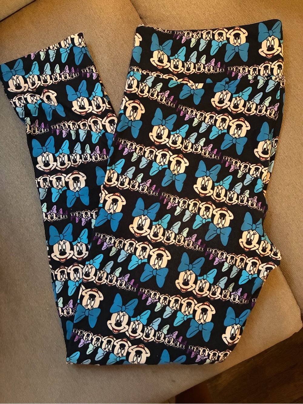 LuLaRoe Black Leggings with Blue and White Disney Minnie Mouse Print